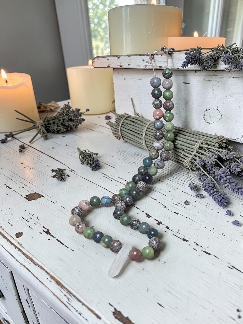 Beautiful Grounding Beaded Necklace with Clear Quartz Pendant - Women Jewelry